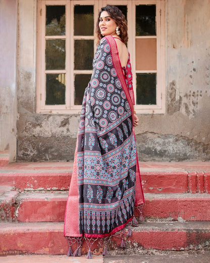 Black Pink Banarasi Silk Saree with Mandala Print for Women
