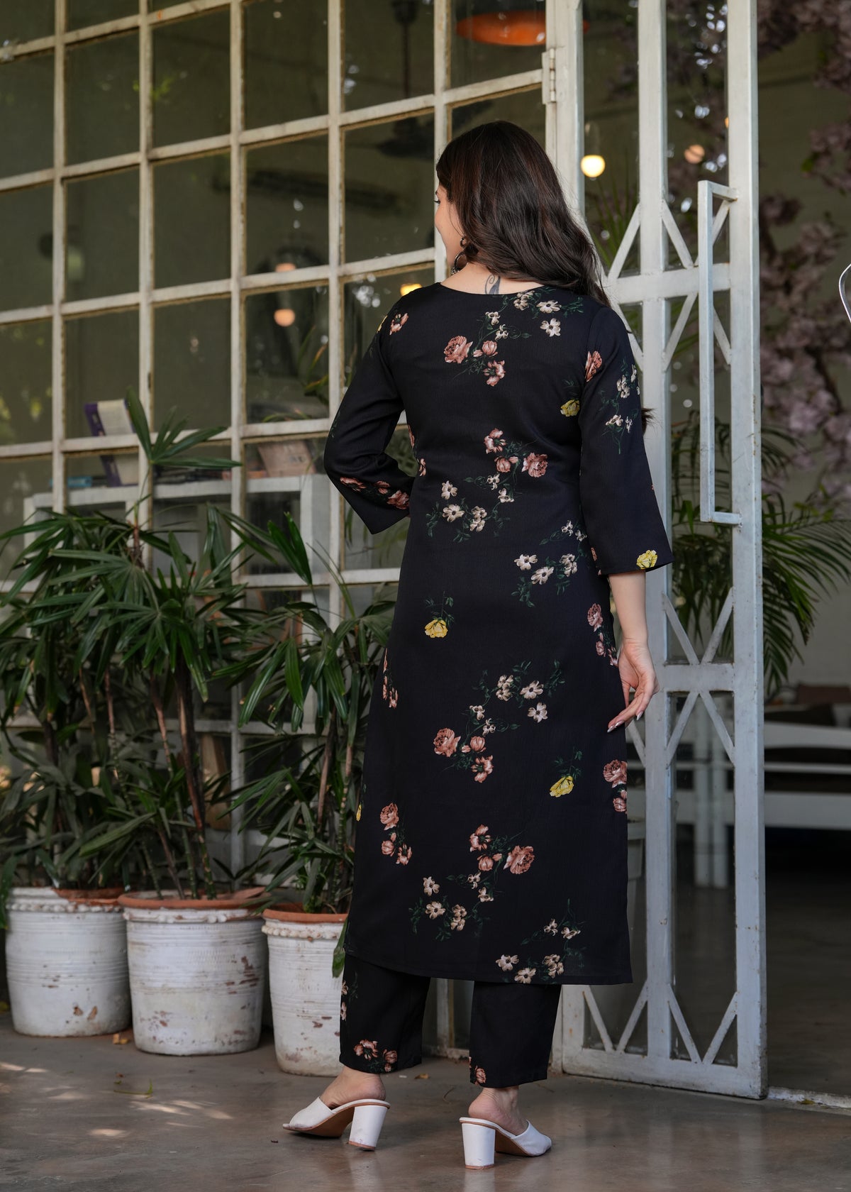 Black Floral Printed Silk Blend Kurta Set with Dupatta for Women