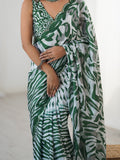Black Mint Abstract Printed Heavy Chinnon Saree with Mirror Lace Border