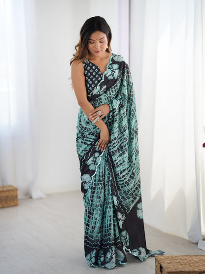 Black Mint Abstract Printed Heavy Chinnon Saree with Mirror Lace