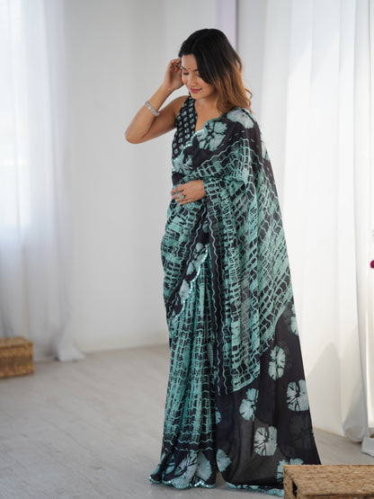 Black Mint Abstract Printed Heavy Chinnon Saree with Mirror Lace