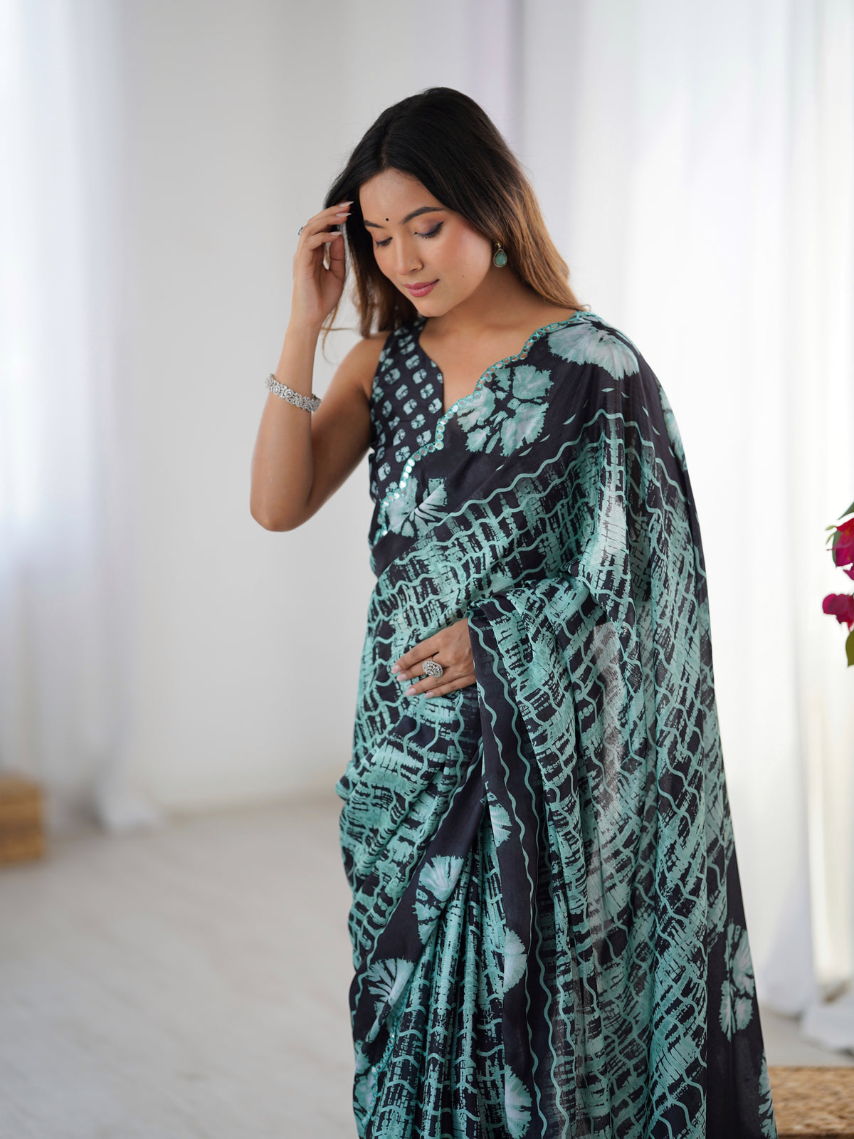 Black Mint Abstract Printed Heavy Chinnon Saree with Mirror Lace