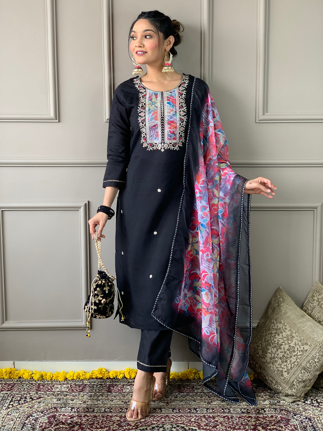 Black Embroidered Rayon Slub Kurta Set with Organza Dupatta for Women