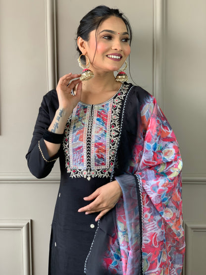 Black Embroidered Rayon Slub Kurta Set with Organza Dupatta for Women