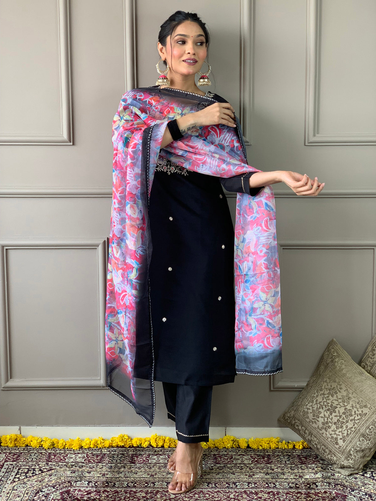 Black Embroidered Rayon Slub Kurta Set with Organza Dupatta for Women