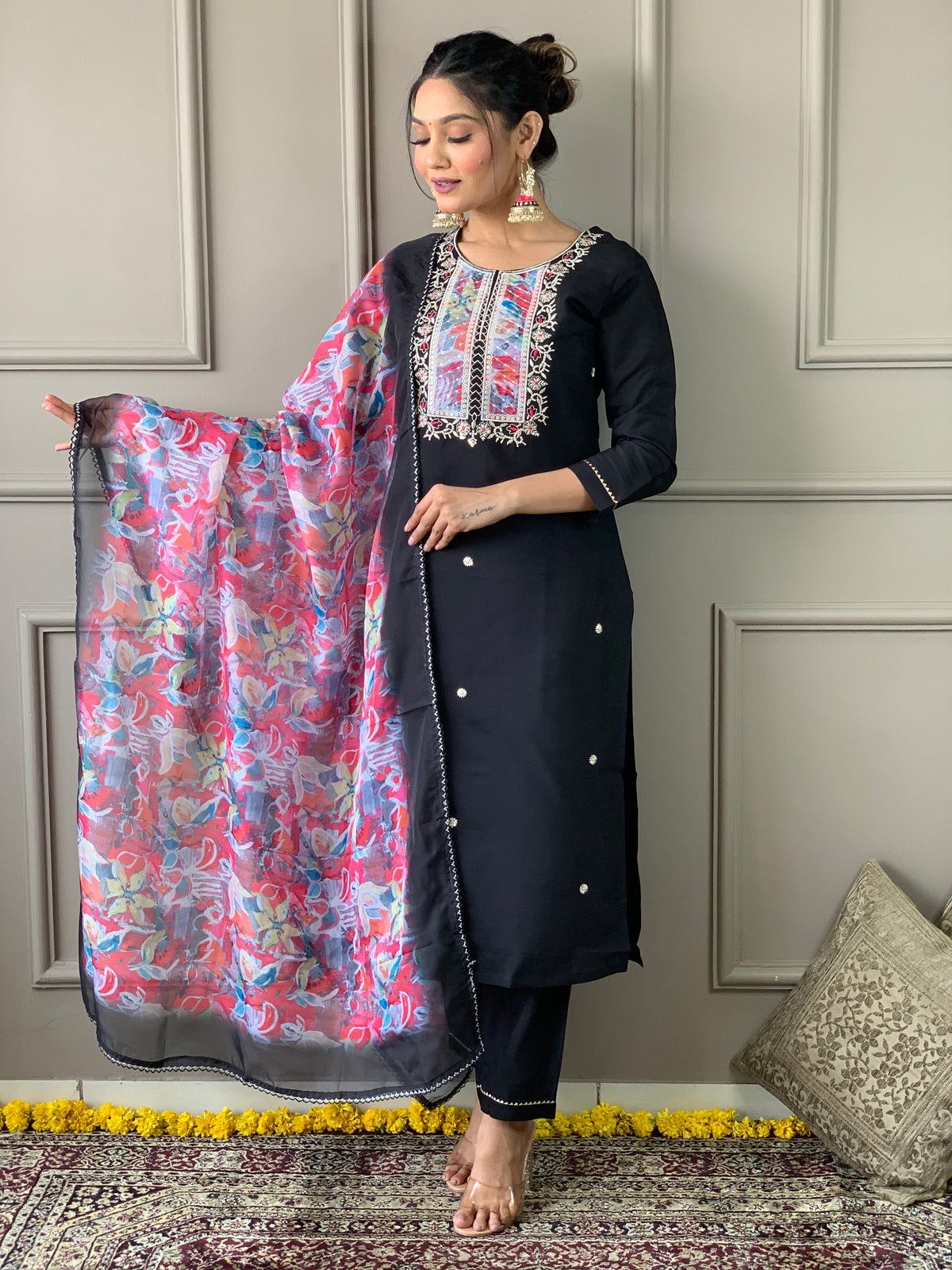 Black Readymade Embroidered Salwar Suit for Women