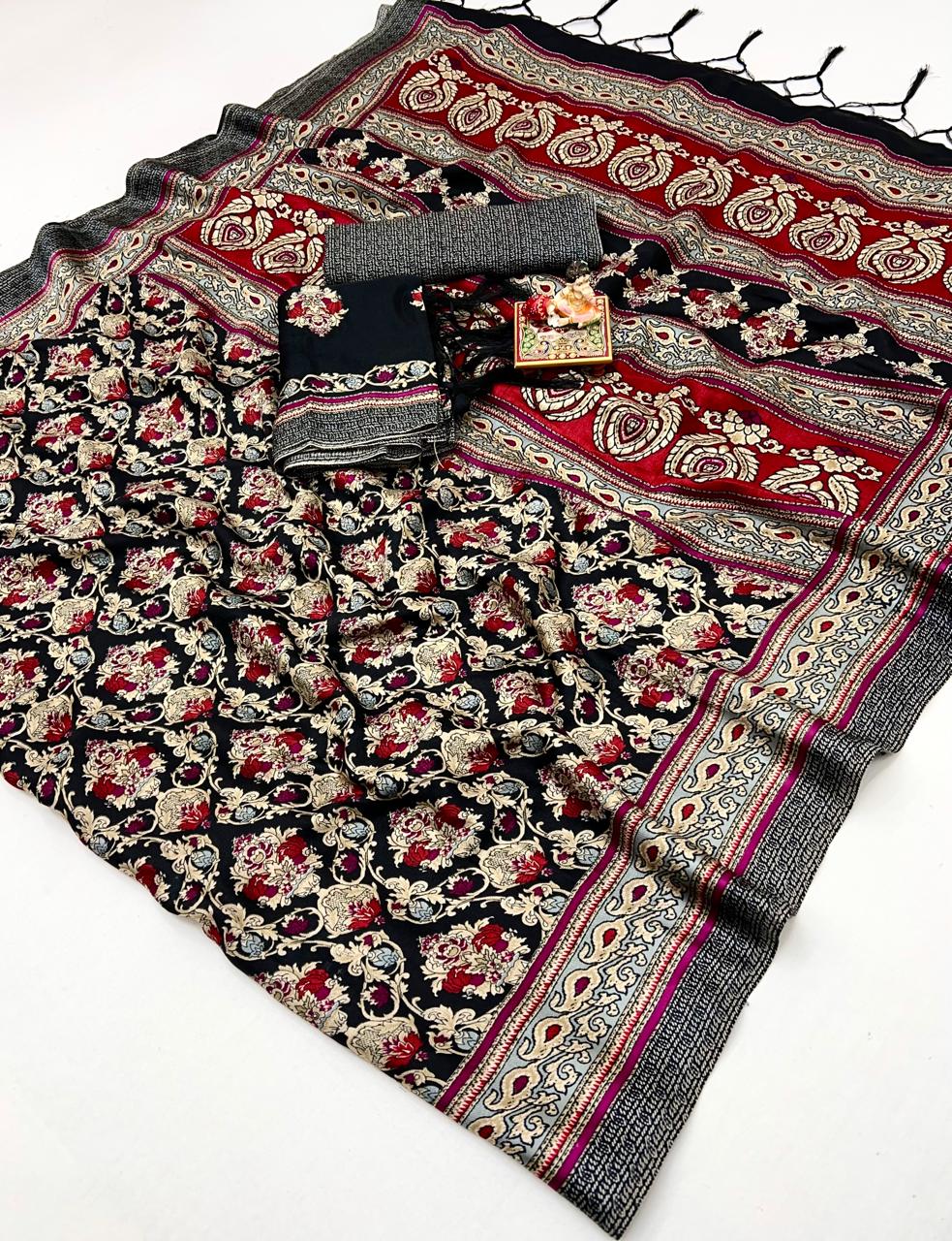 Black Red Floral Pashmina Saree with Shawl Set for Women