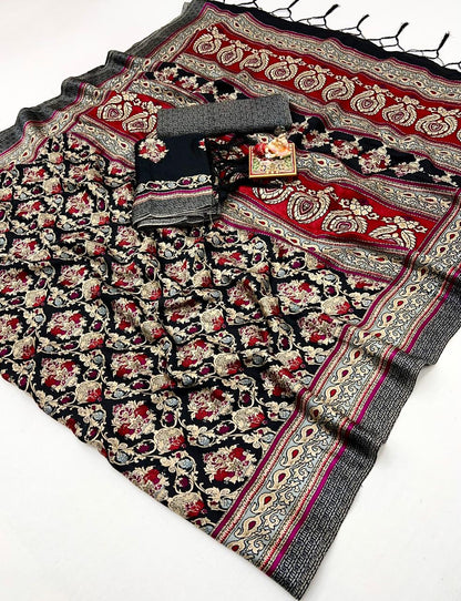 Black Red Floral Pashmina Saree with Shawl Set for Women