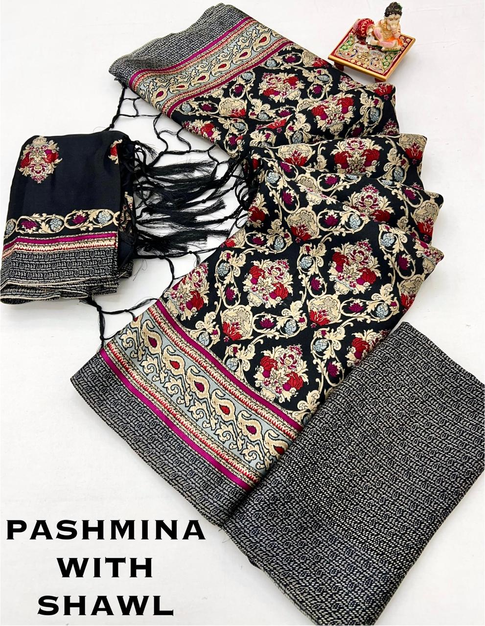 Black Red Floral Pashmina Saree with Shawl Set for Women