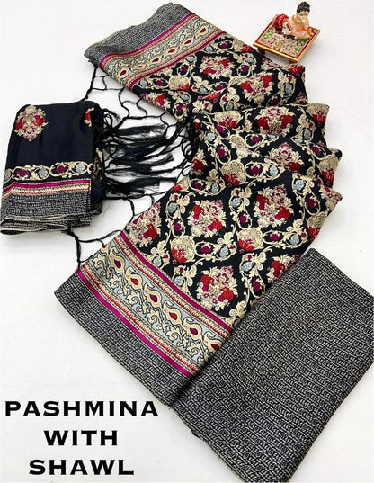 Black Red Floral Pashmina Saree with Shawl Set for Women