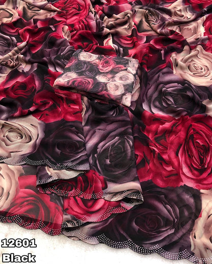 Black Rose Print Georgette Saree with Stone Work for Women