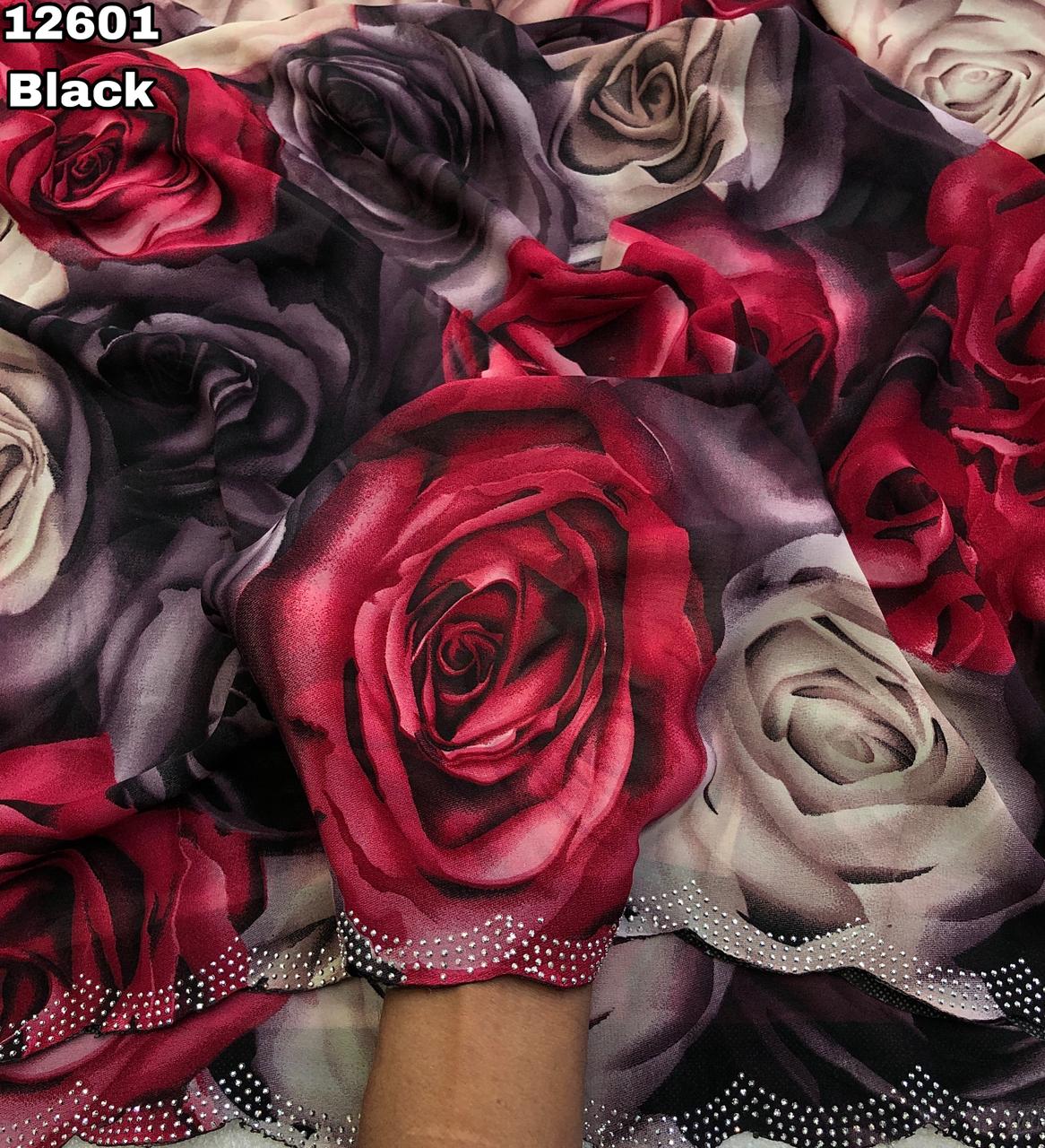 Black Rose Print Georgette Saree with Stone Work for Women