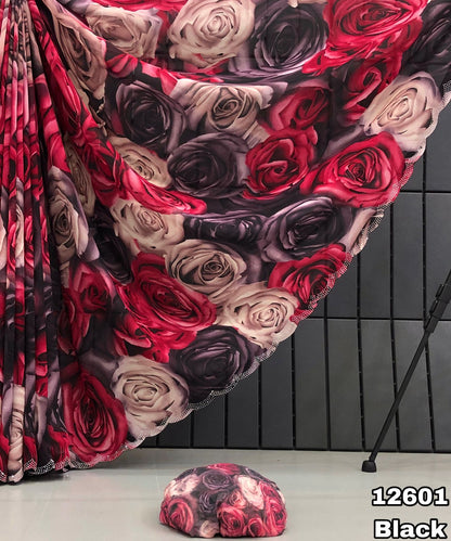 Black Rose Print Georgette Saree with Stone Work for Women