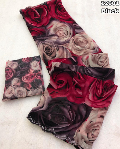 Black Rose Print Georgette Saree with Stone Work for Women