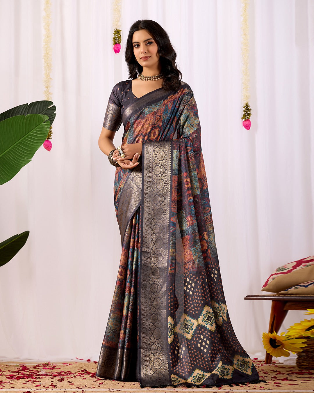 Black Printed Lichi Silk Saree with Ethnic Digital Design for Women