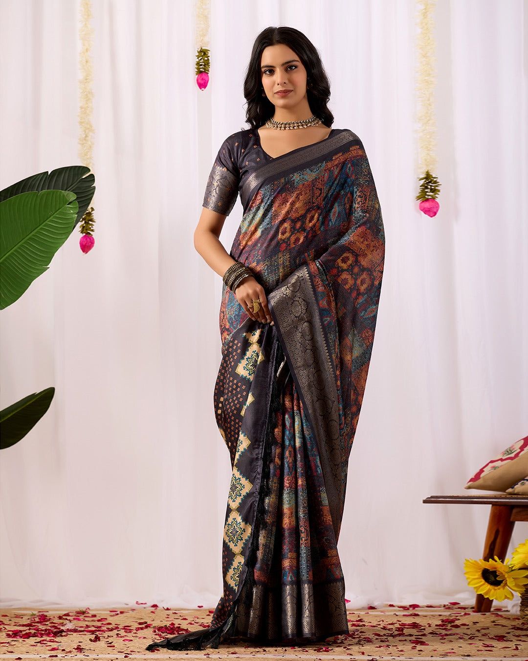Black Printed Lichi Silk Saree with Ethnic Digital Design for Women