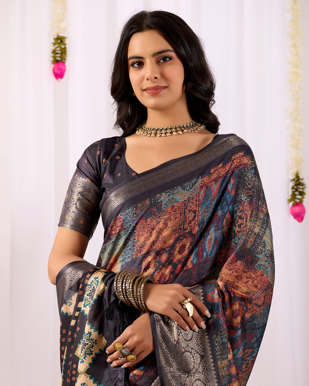 Black Printed Lichi Silk Saree with Ethnic Digital Design for Women