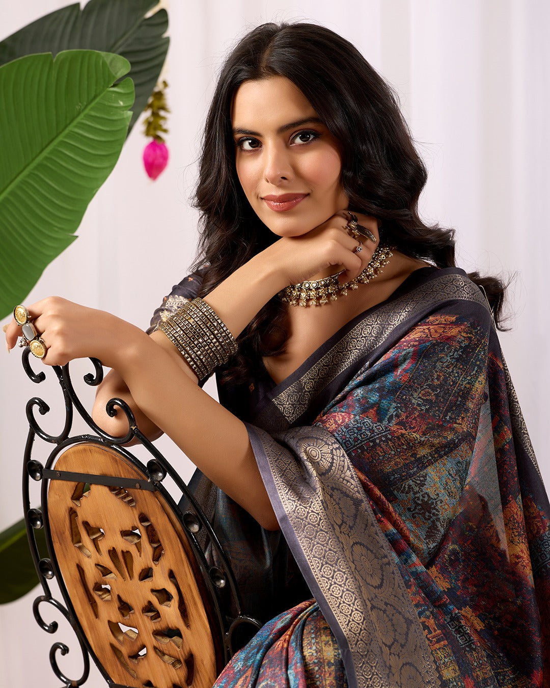 Black Printed Lichi Silk Saree with Ethnic Digital Design for Women