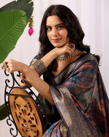 Black Printed Lichi Silk Saree with Ethnic Digital Design for Women