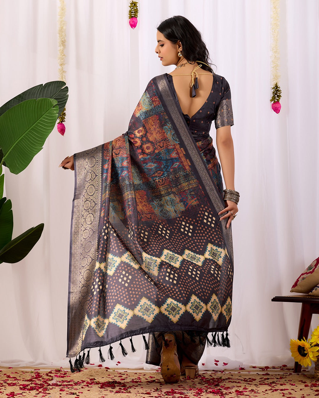 Black Printed Lichi Silk Saree with Ethnic Digital Design for Women
