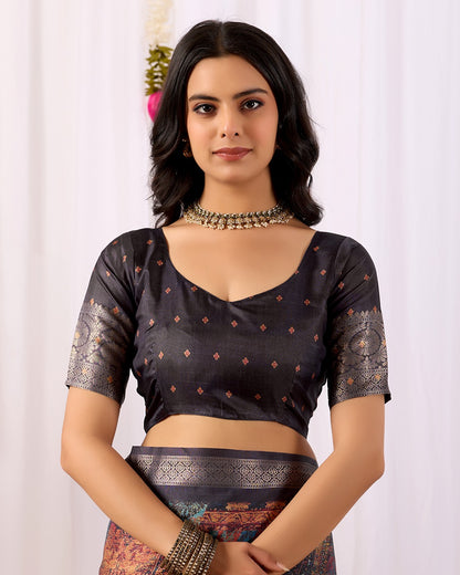 Black Printed Lichi Silk Saree with Ethnic Digital Design for Women