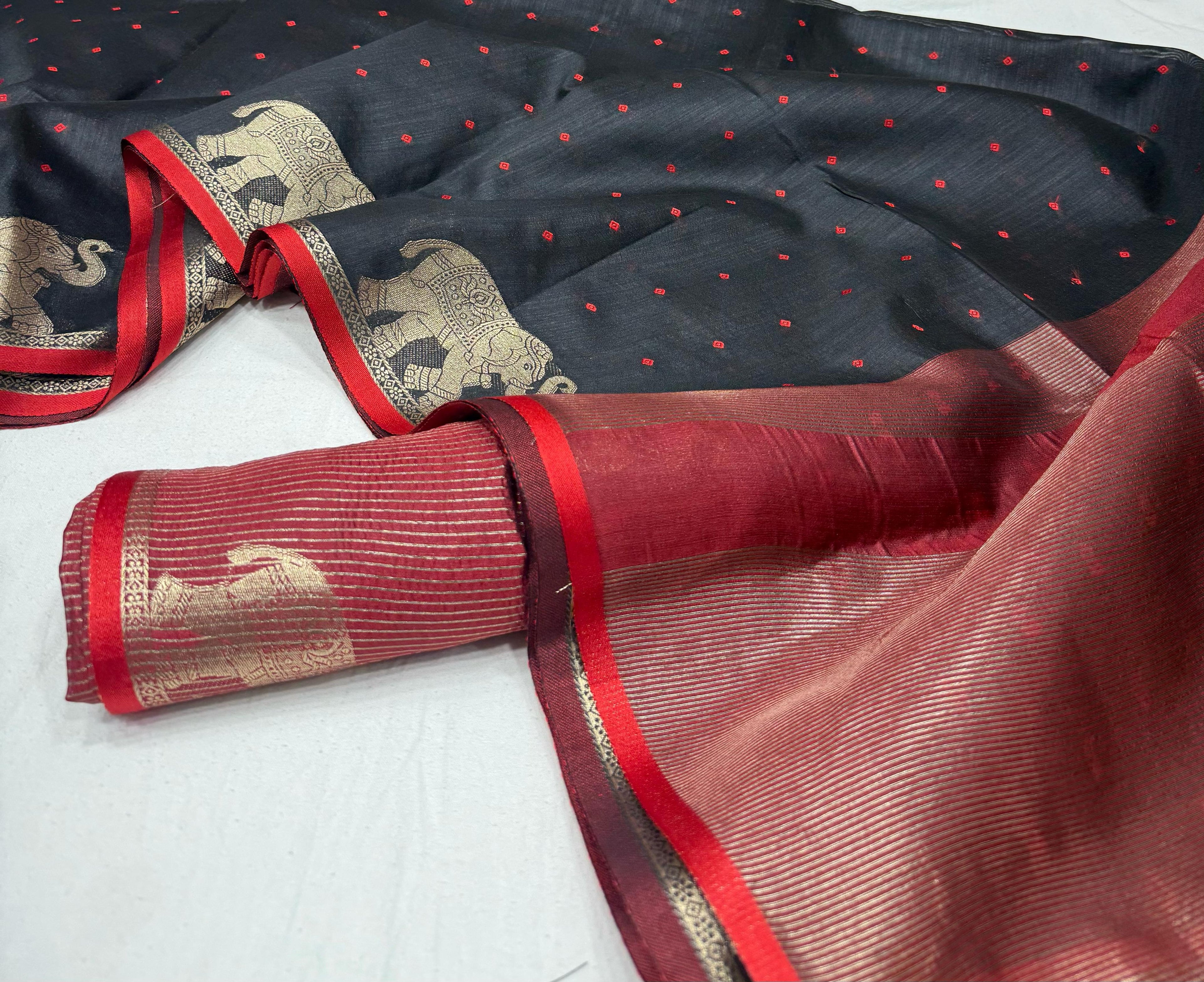 Black Bandhani Silk Saree with Elephant Zari Border