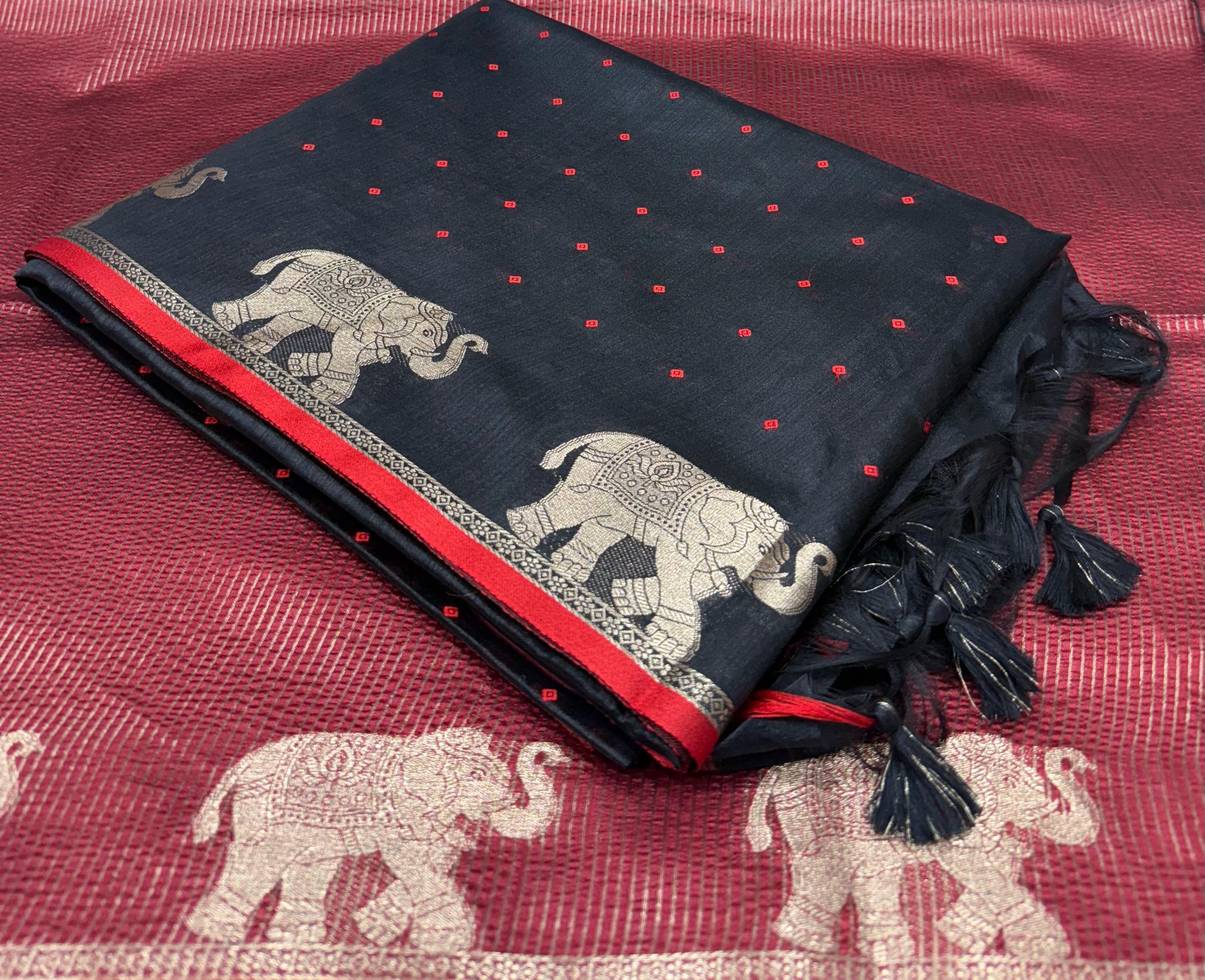 Black Bandhani Silk Saree with Elephant Zari Border
