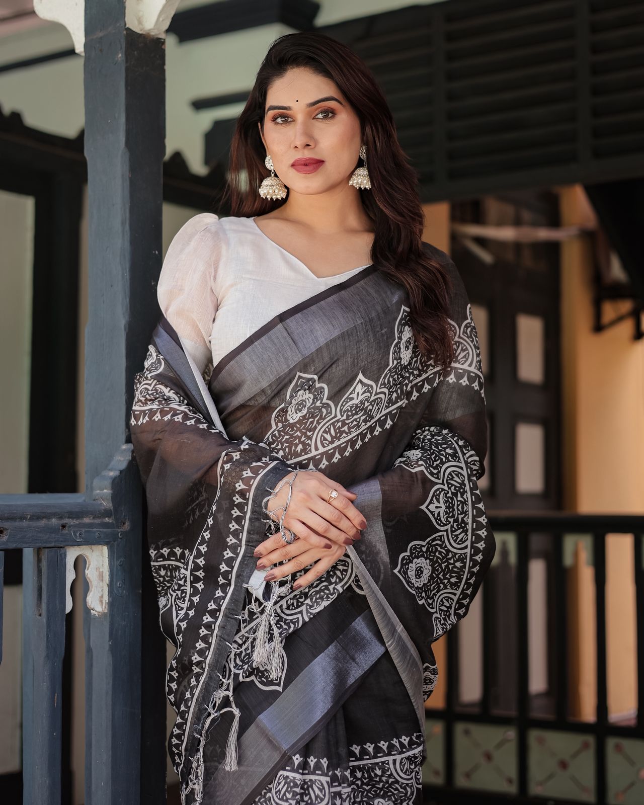 Black White Printed Pure Linen Saree with Tassels