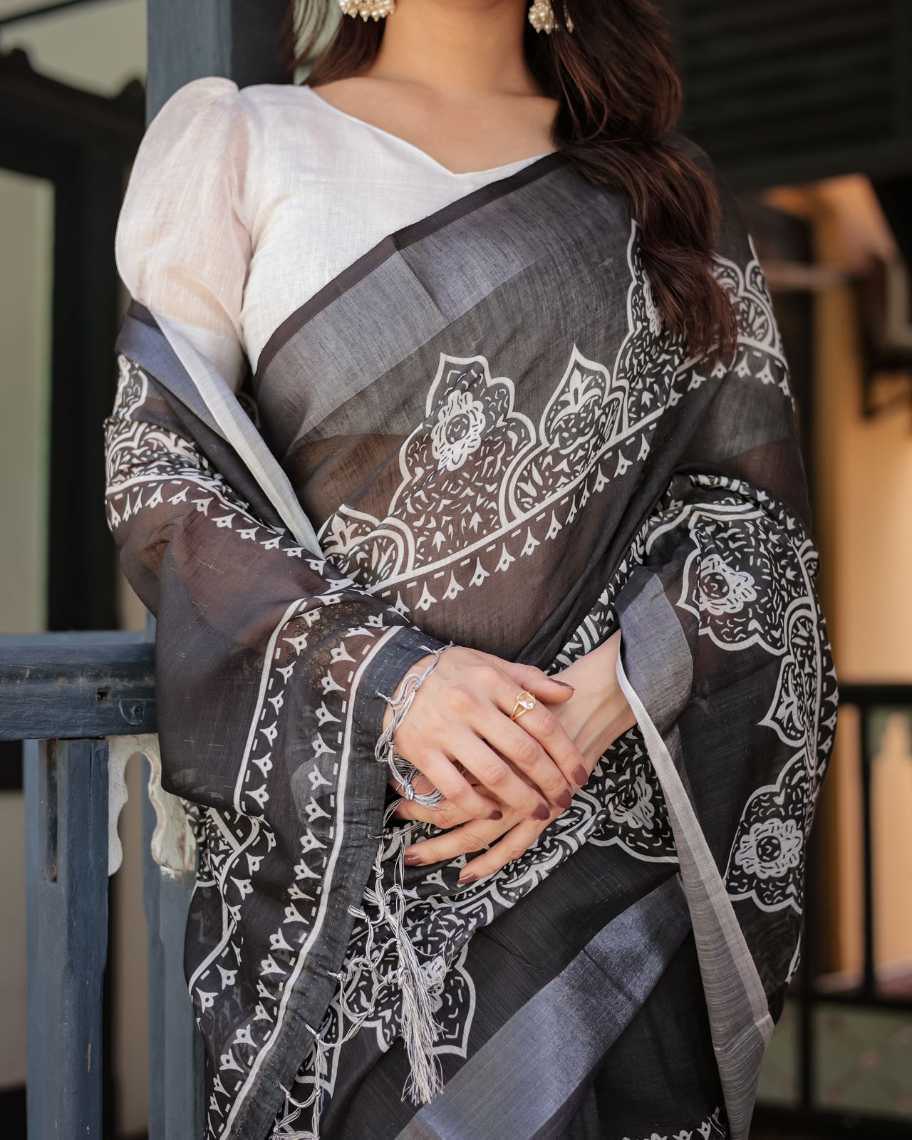 Black White Printed Pure Linen Saree with Tassels
