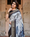 Black White Printed soft silk saree
