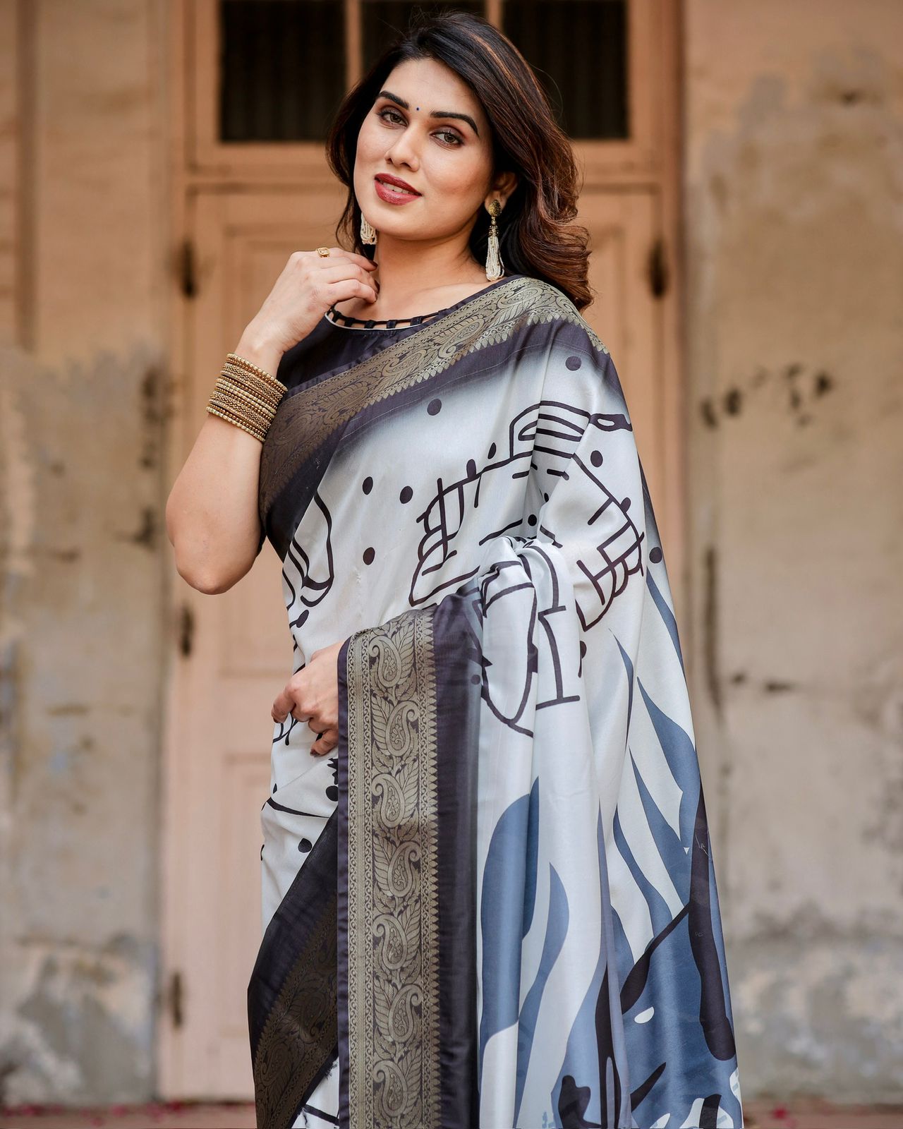 Black White Printed soft silk saree