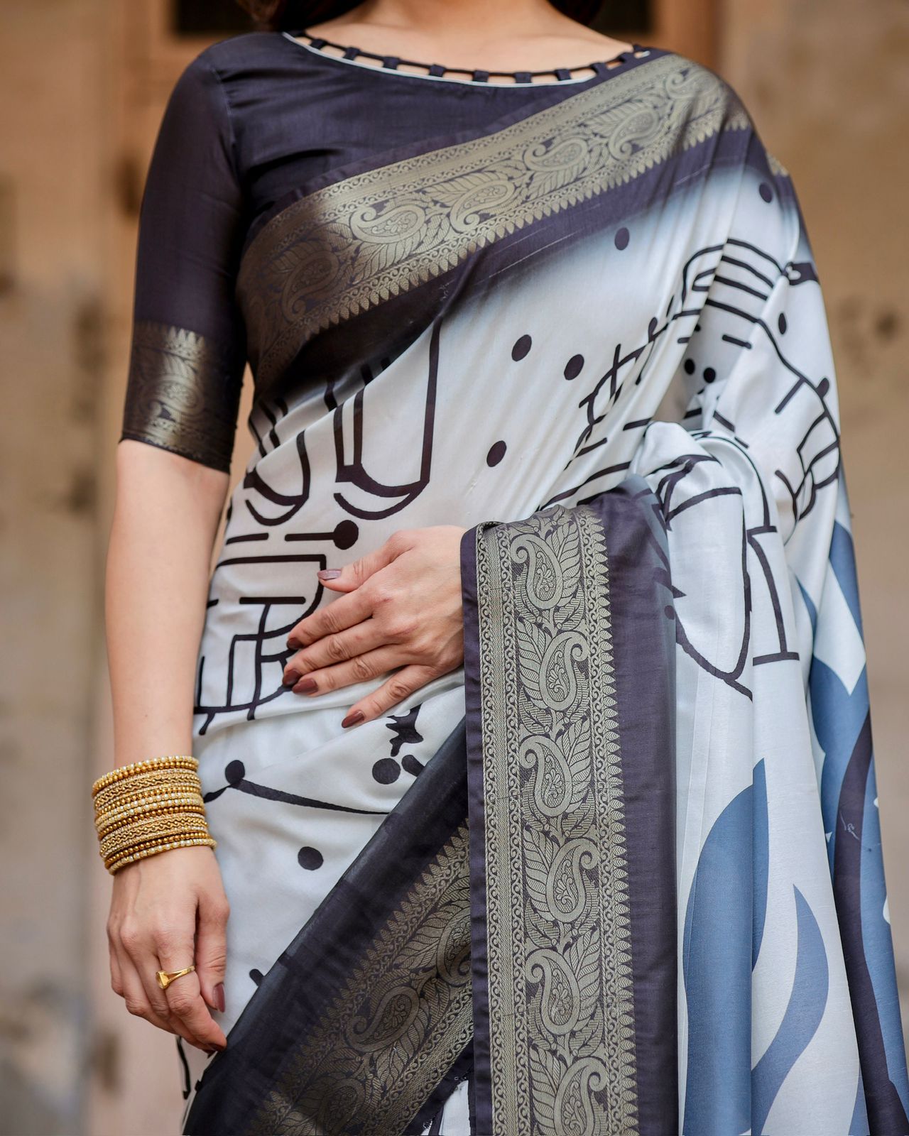 Black White Printed soft silk saree