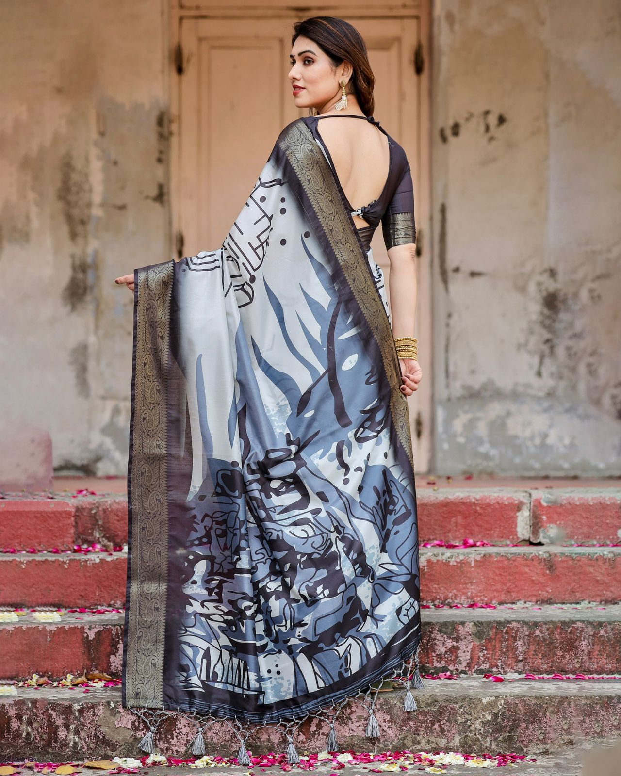 Black White Printed soft silk saree