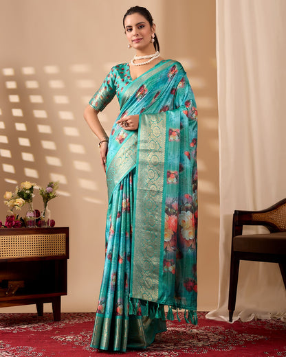 Teal Bloom Lichi Silk Saree with Zari Elegance for Women