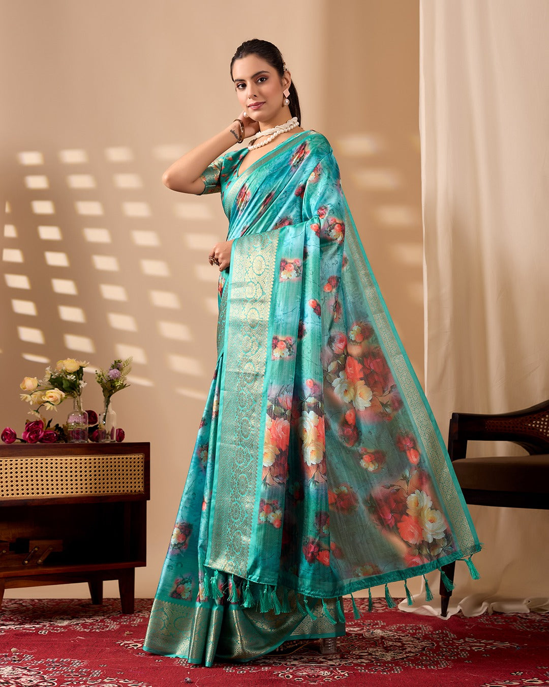 Teal Bloom Lichi Silk Saree with Zari Elegance for Women