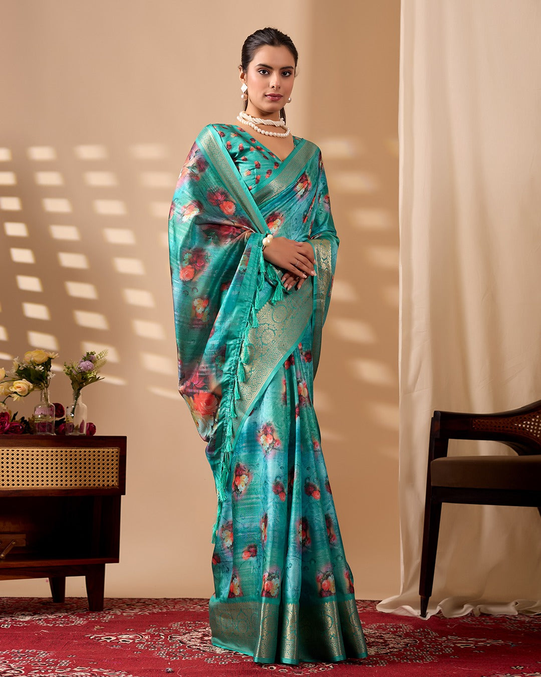 Teal Bloom Lichi Silk Saree with Zari Elegance for Women