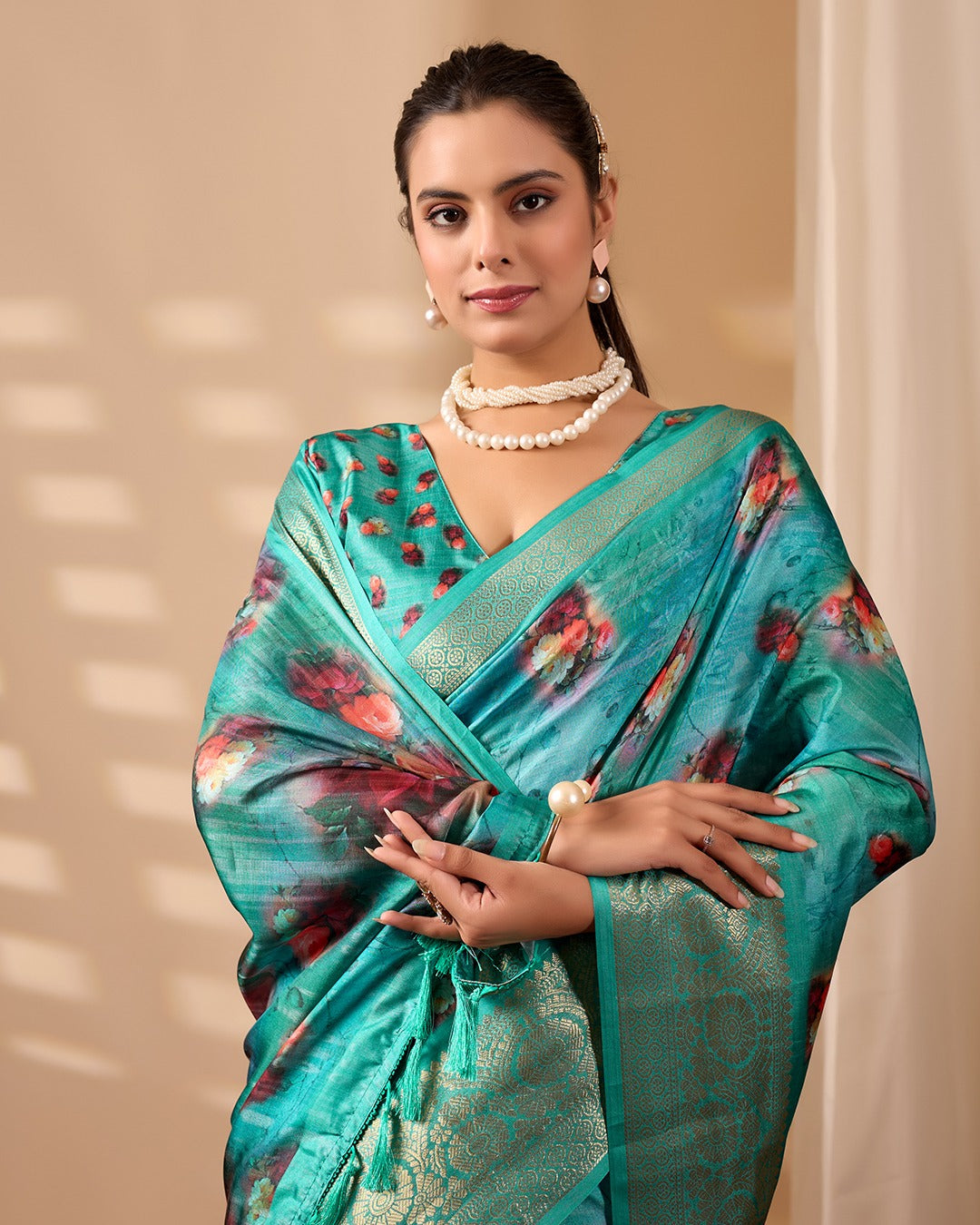 Teal Bloom Lichi Silk Saree with Zari Elegance for Women