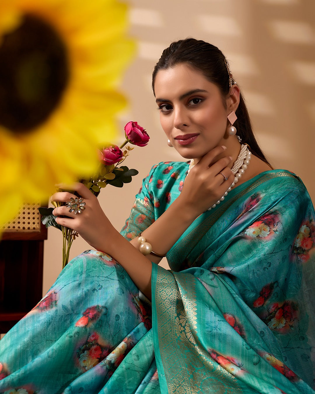 Teal Bloom Lichi Silk Saree with Zari Elegance for Women