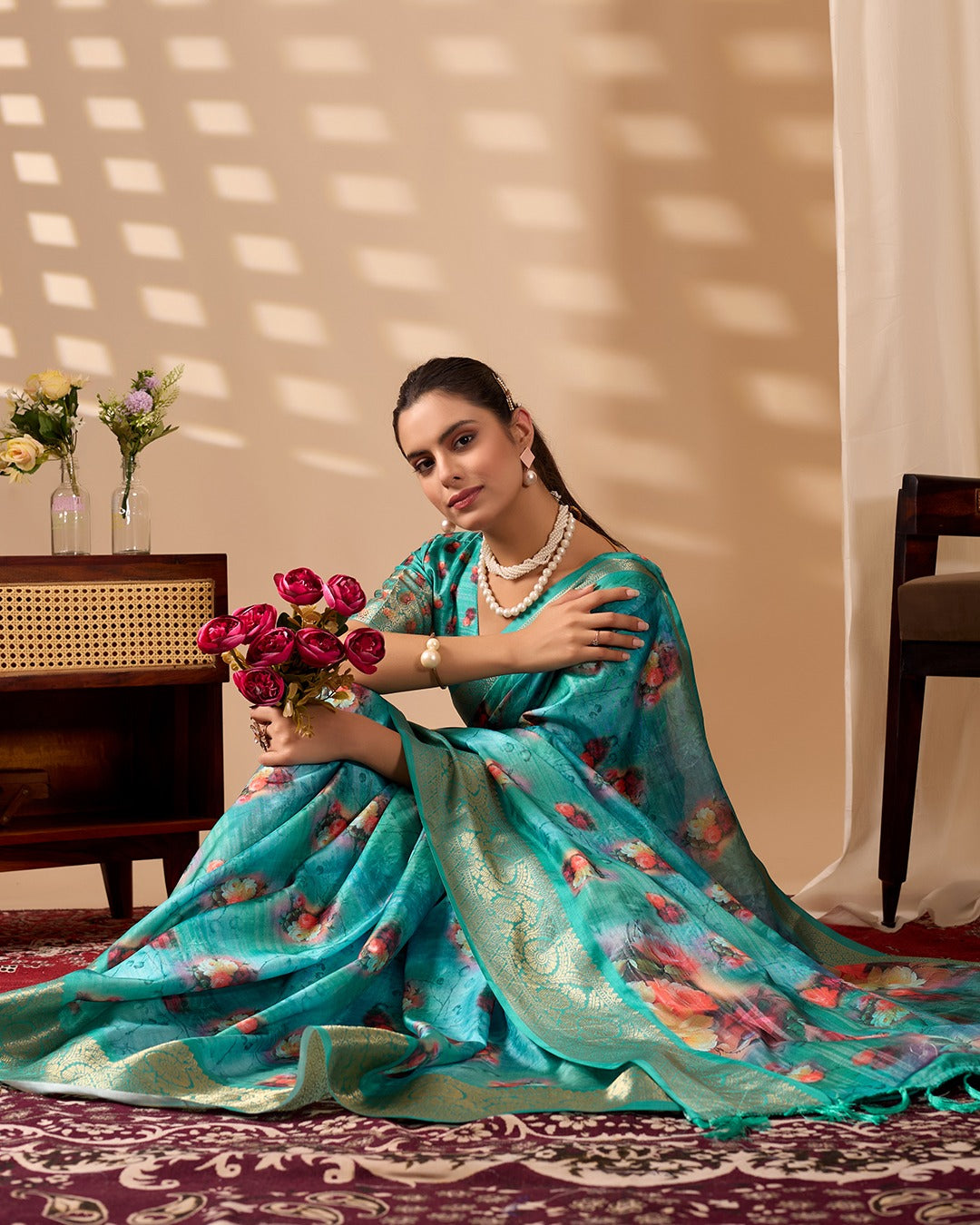 Teal Bloom Lichi Silk Saree with Zari Elegance for Women