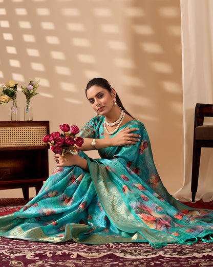 Teal Bloom Lichi Silk Saree with Zari Elegance for Women