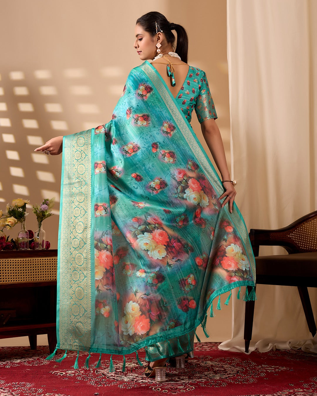 Teal Bloom Lichi Silk Saree with Zari Elegance for Women