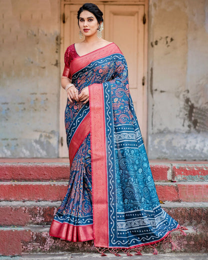 Blue Pink Banarasi Silk Saree with Zari Border for Women