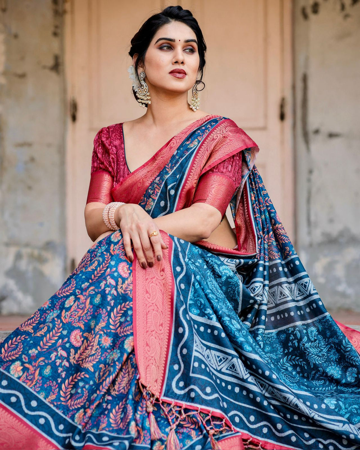 Blue Pink Banarasi Silk Saree with Zari Border for Women