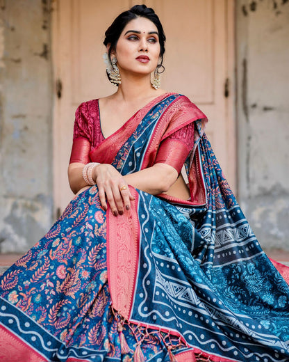 Blue Pink Banarasi Silk Saree with Zari Border for Women