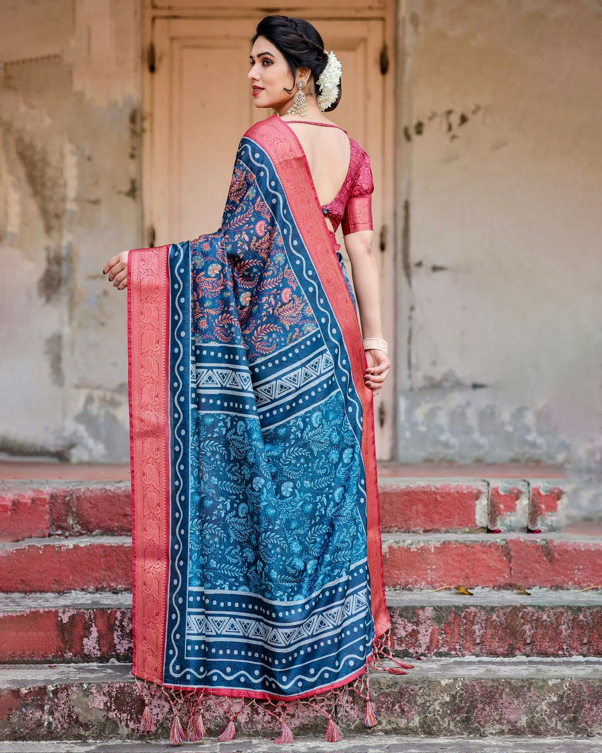 Blue Pink Banarasi Silk Saree with Zari Border for Women
