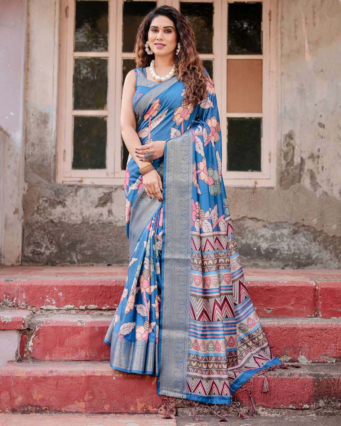 Blue Banarasi Silk Saree with Floral Design for Women