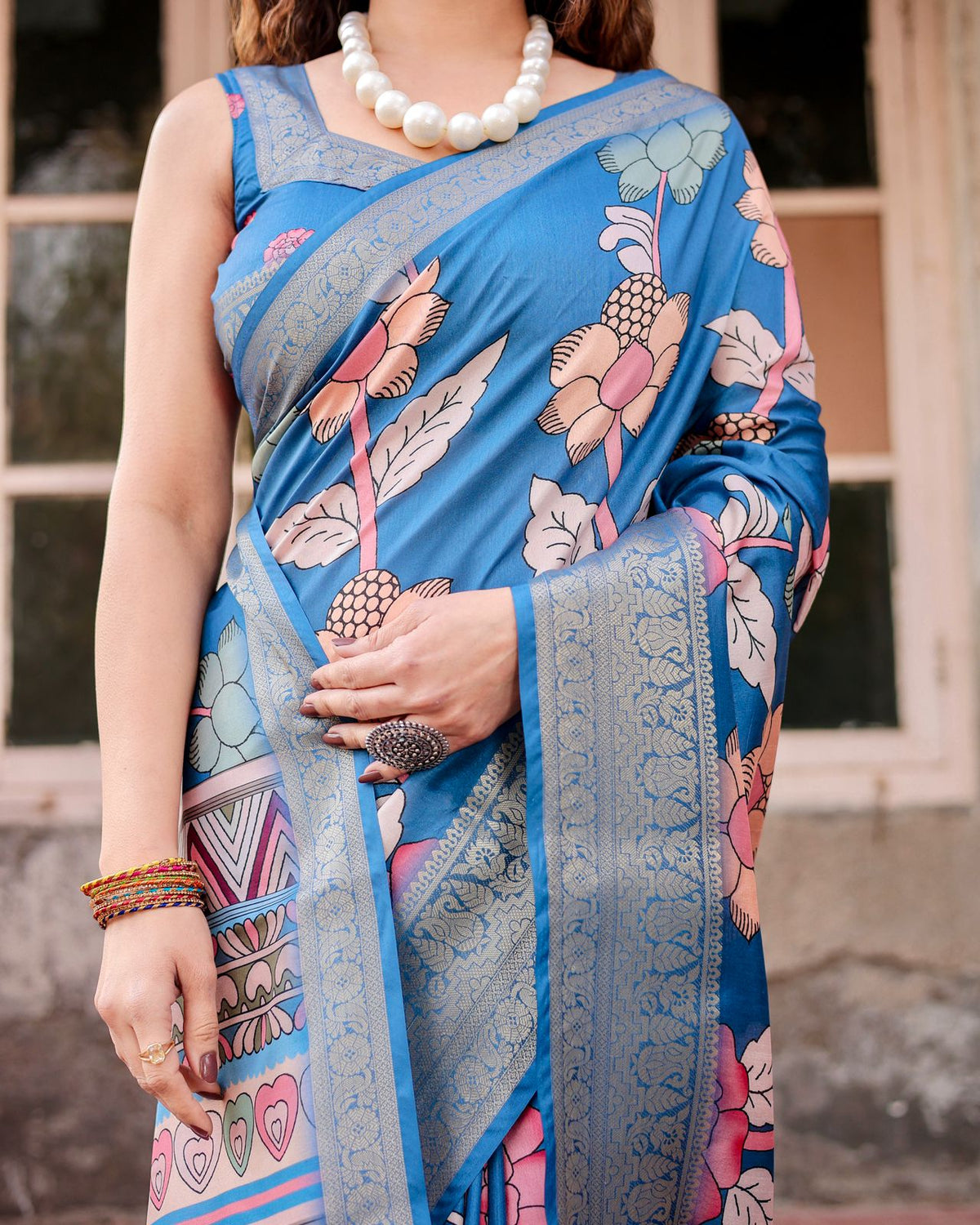 Blue Banarasi Silk Saree with Floral Design for Women