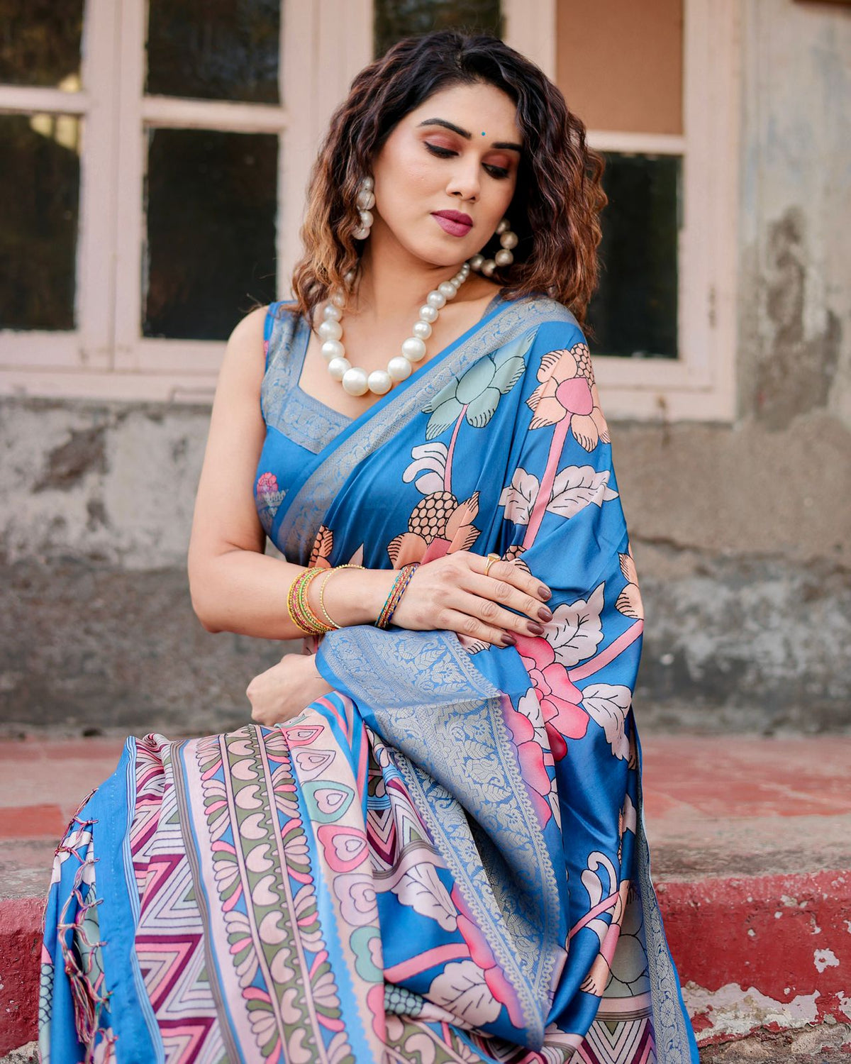 Blue Banarasi Silk Saree with Floral Design for Women