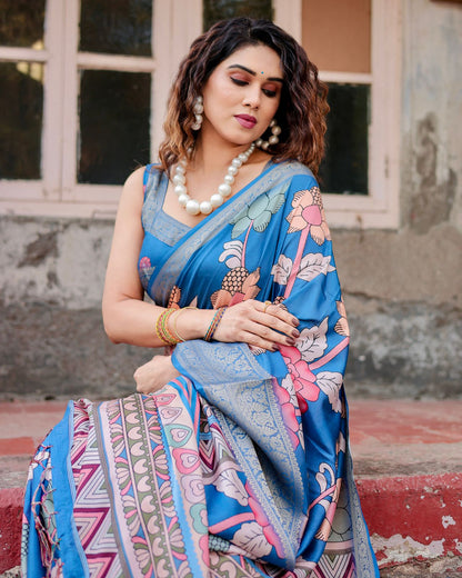 Blue Banarasi Silk Saree with Floral Design for Women