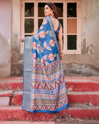 Blue Banarasi Silk Saree with Floral Design for Women